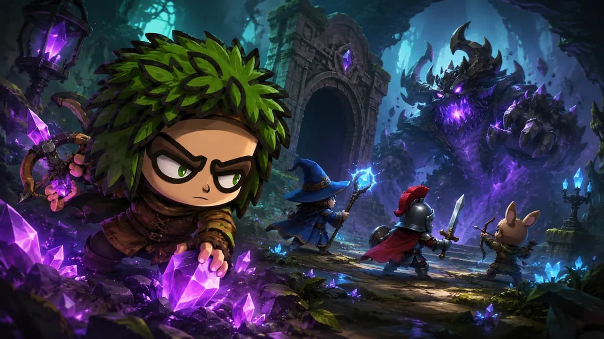 Telegram MMO: a leaf-haired hero with a bow before a ruined gate, with adventurers and a beast beyond it.